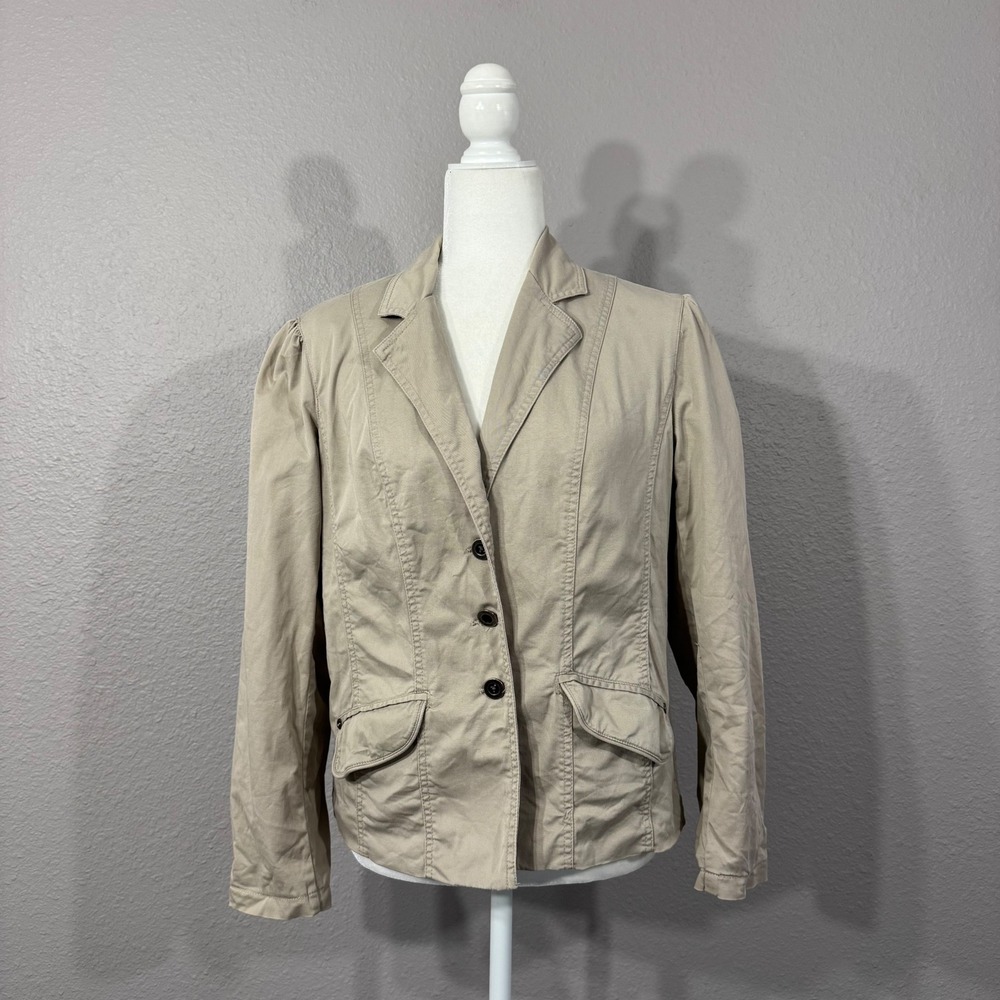 Chico's Women's Size 1 US 6 Tan‎ Puff Shoulder Button Front Cotton Lined Blazer